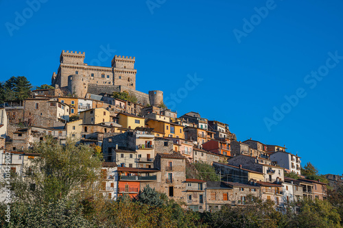 Cityscape with medieval castel Piccolomini at Celano in Abruzzo, Italy