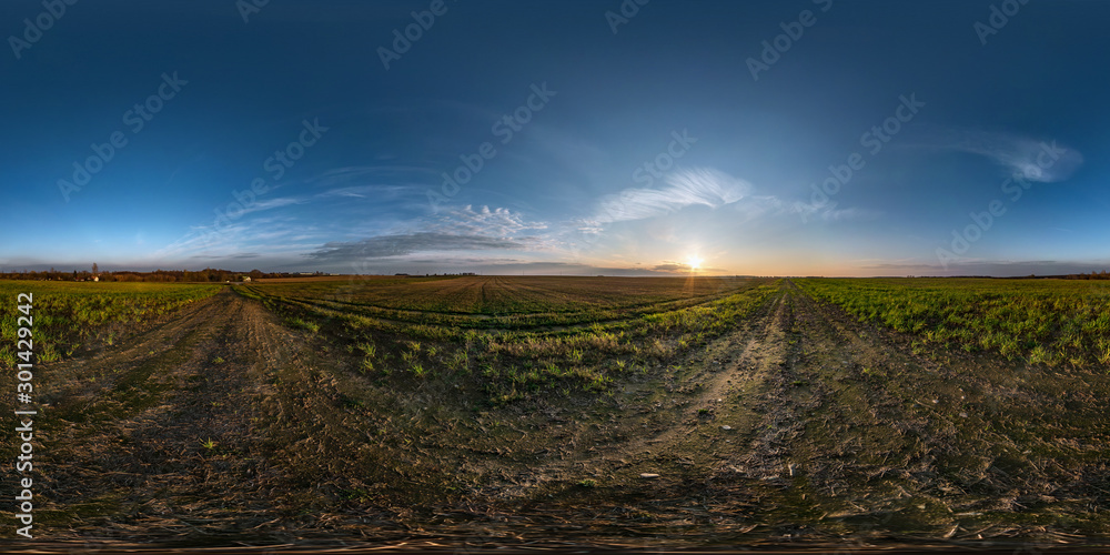blue sky before sunset with beautiful awesome clouds. full seamless spherical hdri panorama 360 degrees angle view among fields in evening in equirectangular projection, ready for VR AR content