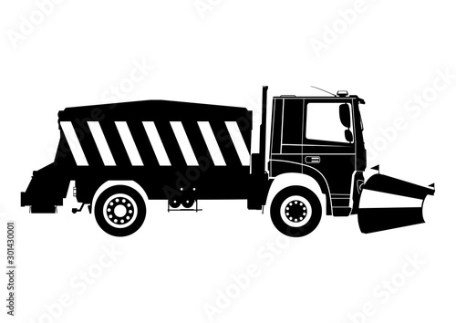 Snow plow. Silhouette of snow plough on a white background.Side view. Flat vector.