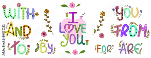 Catchwords Collection Romantic with Handwritten font. Prepositions vector set. Illustration catchwords. I Love You. Engagement invitation card