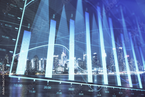 Financial graph on night city scape with tall buildings background multi exposure. Analysis concept.