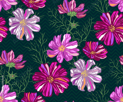Seamless pattern with Cosmos bipinnatus. Hand drawing decorative background. Vector pattern. Print for textile, cloth, wallpaper, scrapbooking © Artmirei