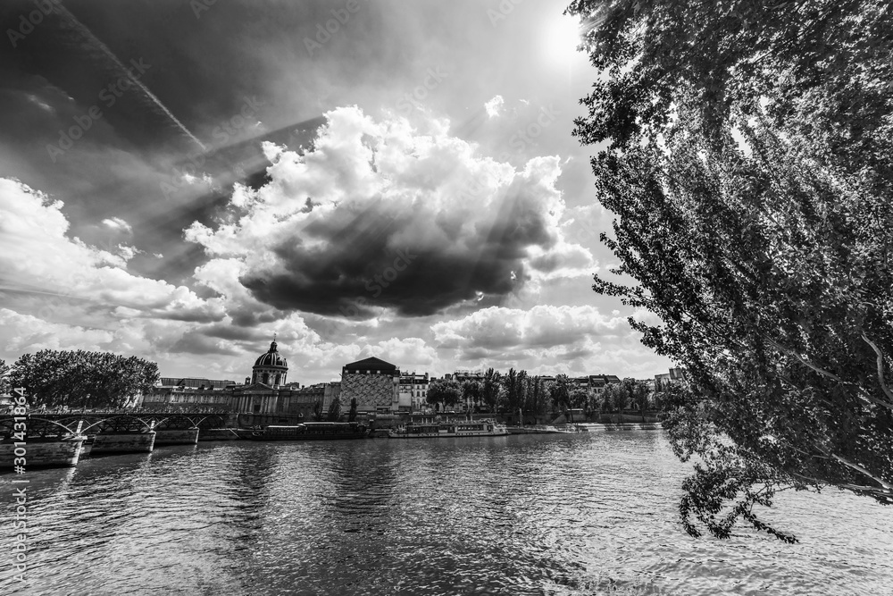 Institut de France seen from Seine river in Paris in black and white