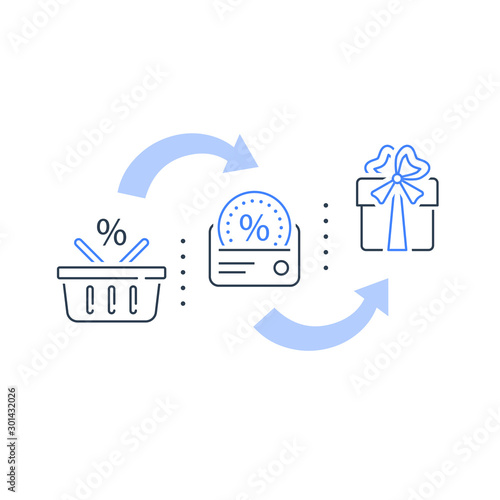 Loyalty card, incentive program vector icon set, earn bonus points for purchase, discount coupon, cash back