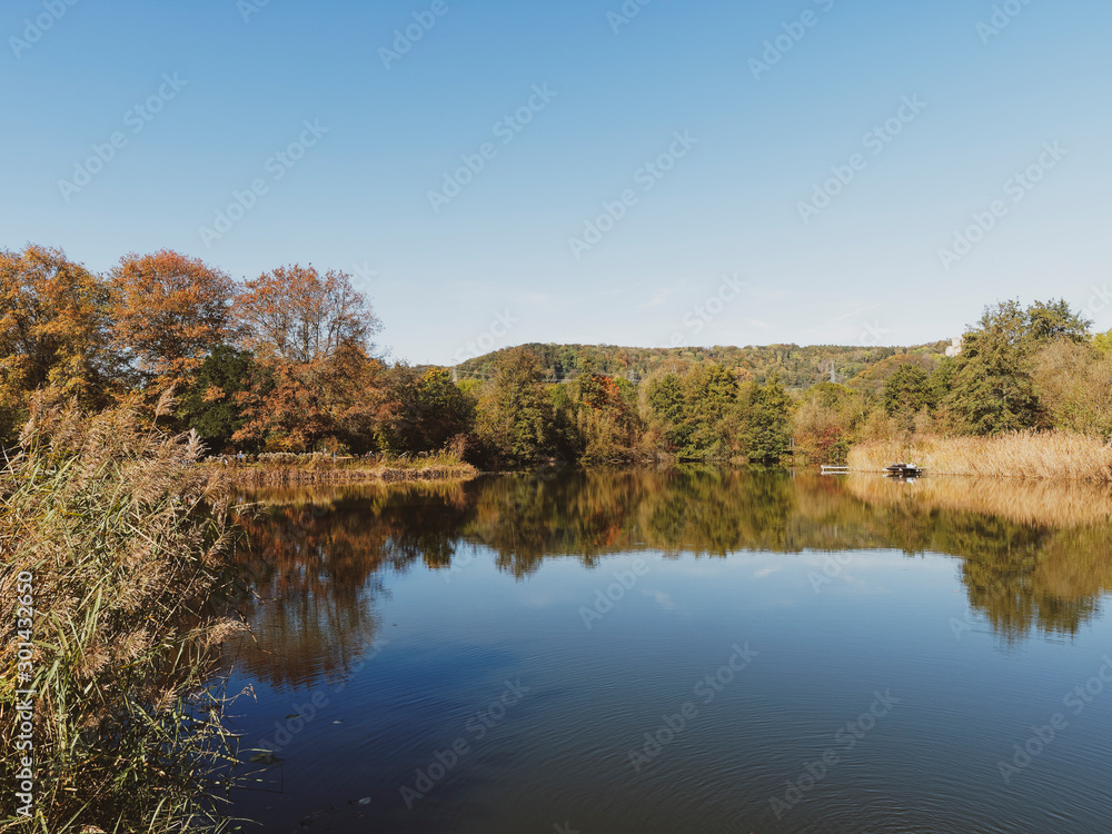  Lörrach Grüttpark im Südwesten Baden-Württembergs. Grüttsee im Herbst