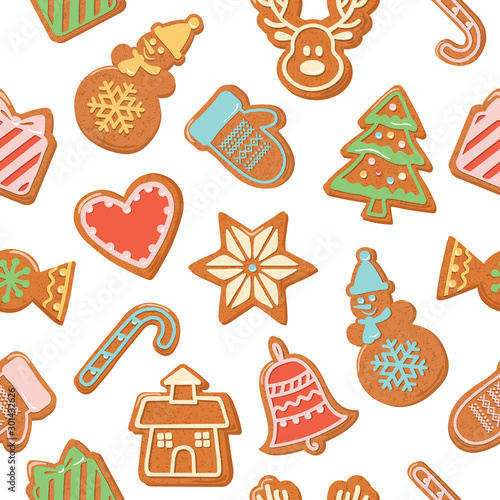 Christmas seamless background. Colorful Gingerbread cookies. Bright traditional pattern for wrapping paper, banners, pajamas. Cute design elements isolated on white. Vector