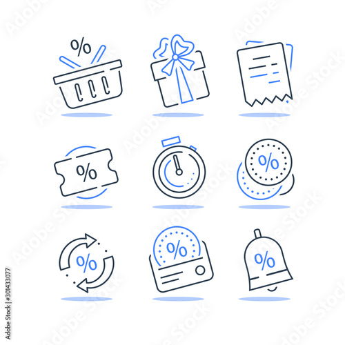 Loyalty program icon set, earn bonus points, discount coupon, limited time period, cash back