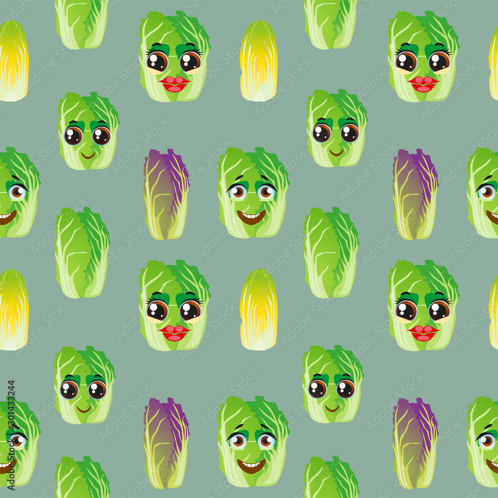 Fototapeta premium Cute seamless pattern with cartoon emoji Chinese cabbage