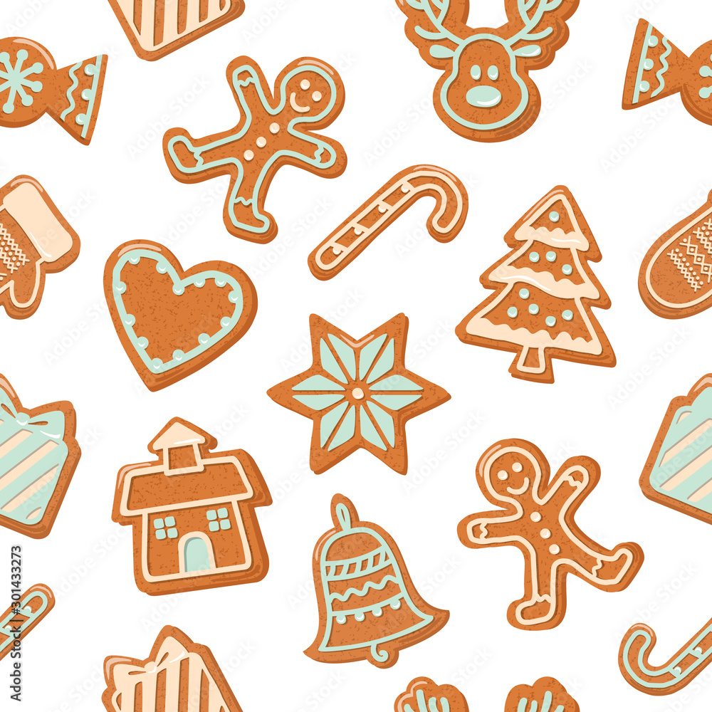 Christmas seamless background. Colorful Gingerbread cookies. Traditional pattern for wrapping paper, banners, pajamas. Cute design elements isolated on white. Vector Christmas seamless background. Colorful Gingerbread cookies. Traditional pattern for wrapping paper, banners, pajamas. Cute design elements isolated on white. Vector