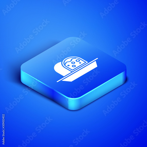 Isometric Marzipan sponge cake icon isolated on blue background. Merry Christmas and Happy New Year. Blue square button. Vector Illustration