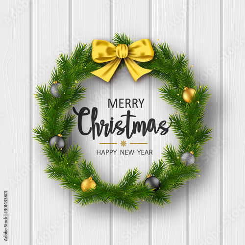 Christmas greeting card with pine branches and christmas balls. Vector illustration