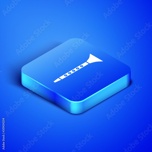 Isometric Clarinet icon isolated on blue background. Musical instrument. Blue square button. Vector Illustration