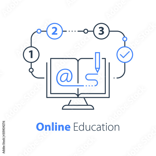 Online education, open book and computer monitor, internet resources, distant learning