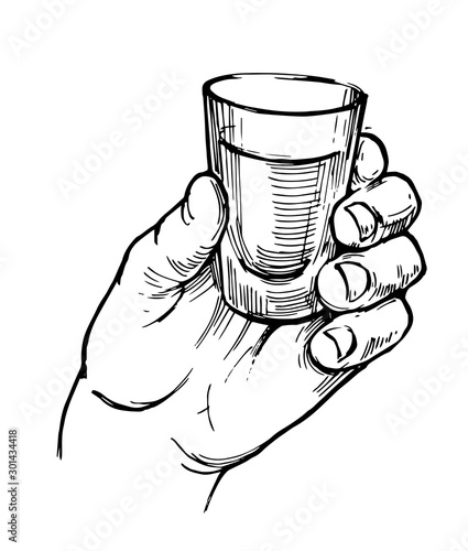 Glass of tequila in hand. Hand drawn illustration converted to vector