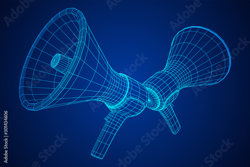 Megaphone or bullhorn for amplifying voice for protests rallies or public speaking. Wireframe low poly mesh vector illustration