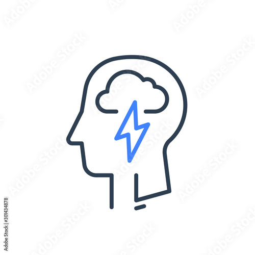 Human head profile and cloud lightning, cognitive psychology or psychotherapy concept, mental health