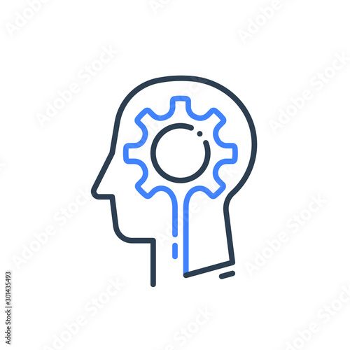 Human head profile and cogwheel line icon, cognitive psychology or psychiatry concept, brain training