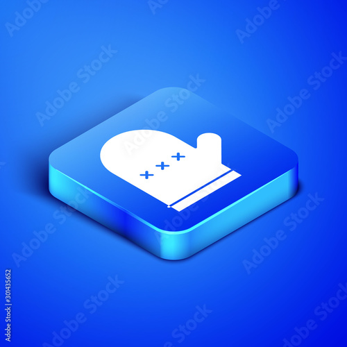 Isometric Oven glove icon isolated on blue background. Kitchen potholder sign. Cooking glove. Blue square button. Vector Illustration
