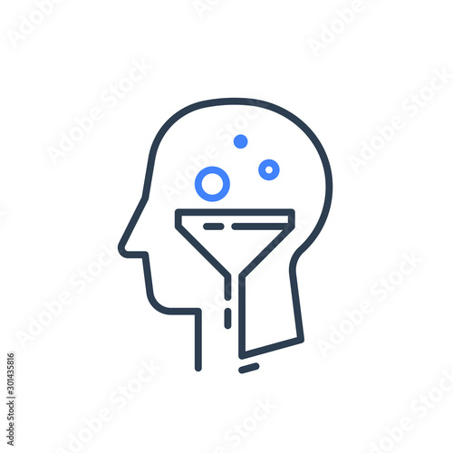 Human head profile and funnel, cognitive psychology or psychiatry concept, decision making, mental trap