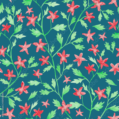 Little red flowers watercolor painting - hand drawn seamless pattern with blossom on navy blue background