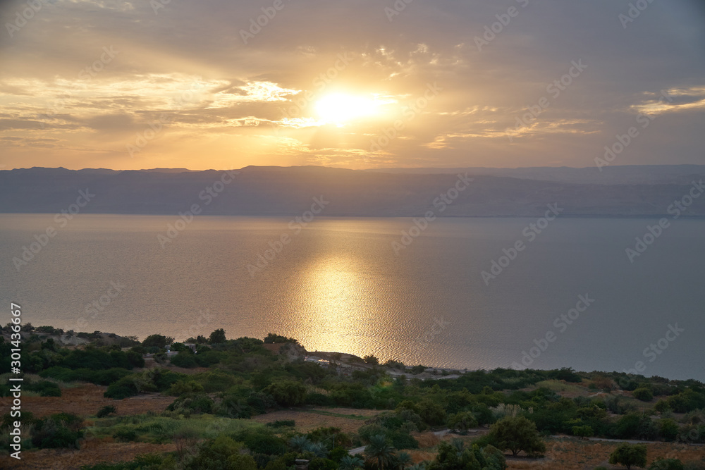 Sunset over Dead Sea, lowest point on Earth, Jordan