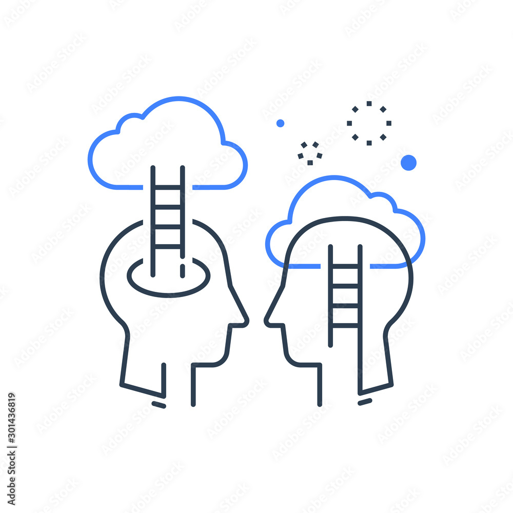 Human head profile and ladder, cognitive psychology or psychiatry concept, growth mindset, self knowledge Human head profile and ladder, cognitive psychology or psychiatry concept, growth mindset, self knowledge