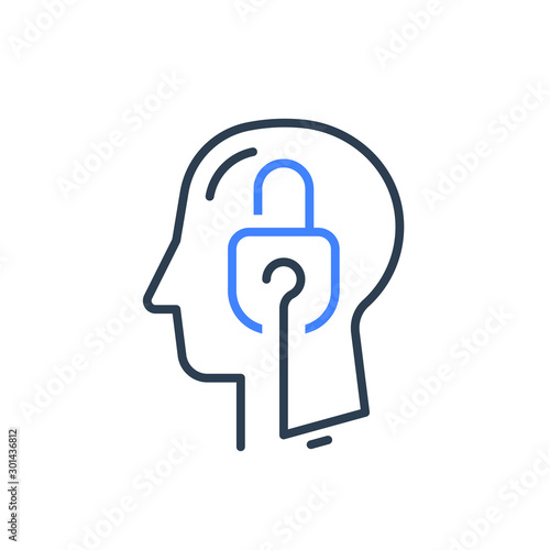 Human head profile and padlock, cognitive psychology or psychotherapy concept