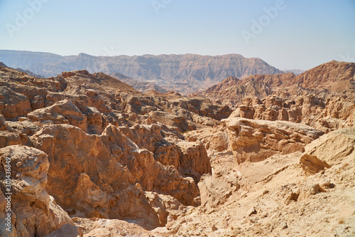 Arid landscape of rocky canyons in Jordan