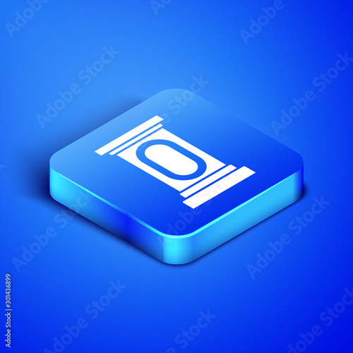 Isometric Stage stand or debate podium rostrum icon isolated on blue background. Conference speech tribune. Blue square button. Vector Illustration