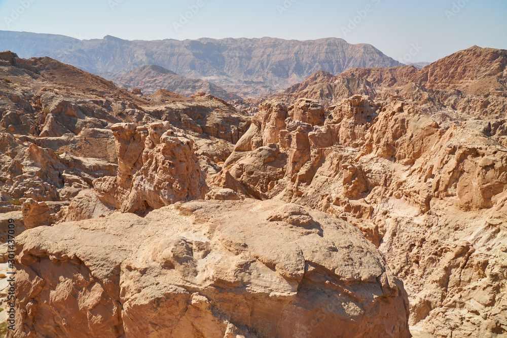 Arid landscape of rocky canyons in Jordan