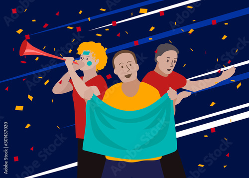 Group of Fan or Sport Player holding the flag, vector illustration.