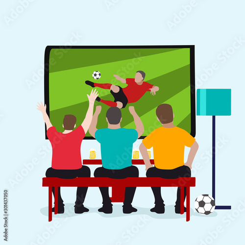Soccer fan watching football on television isolated on white background