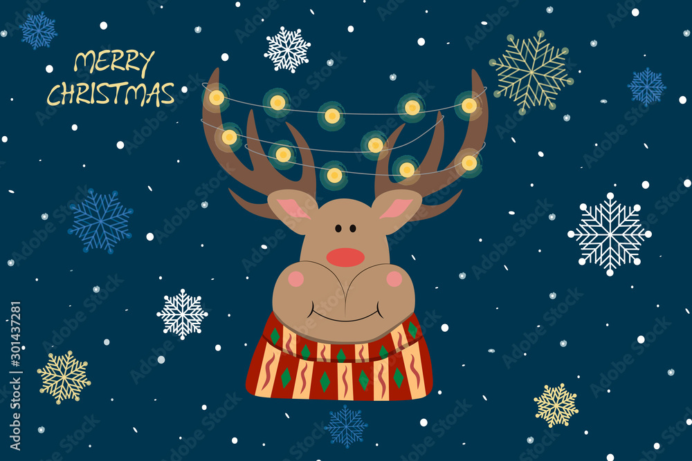 Fototapeta premium Merry Christmas and Happy New Year! Christmas card. Deer with red scarf &nbsp;and Christmas garland. Image on a blue background with snowflakes and text.