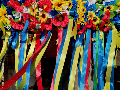 Ukrainian wreath: traditional eastern Slavic ornament. Blue and yellow ribbons, ethnic headdress