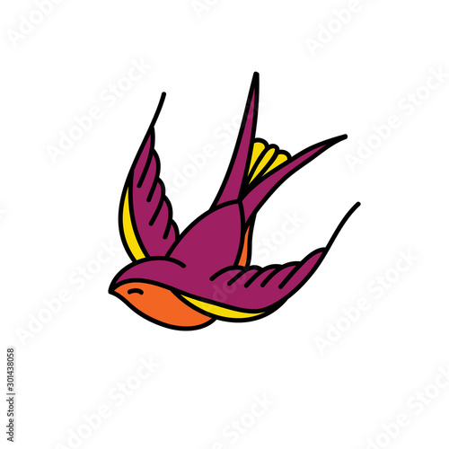 swallow doodle icon, traditional tattoo illustration
