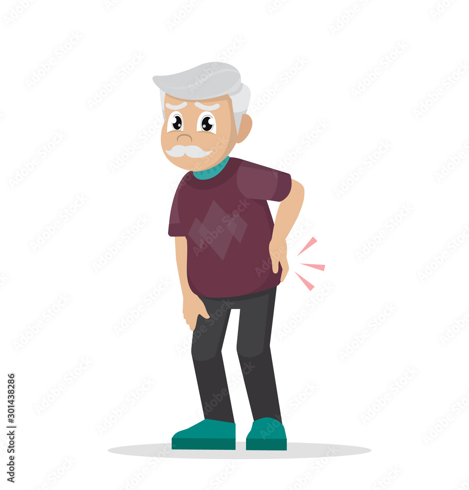 Cartoon character Poses, Rheumatism. Backache. Grandfather is holding his back.
