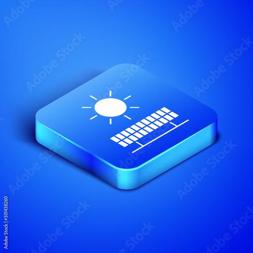 Isometric Solar energy panel and sun icon isolated on blue background. Blue square button. Vector Illustration