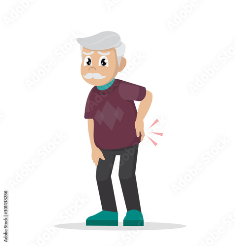 Cartoon character Poses, Rheumatism. Backache. Grandfather is holding his back.