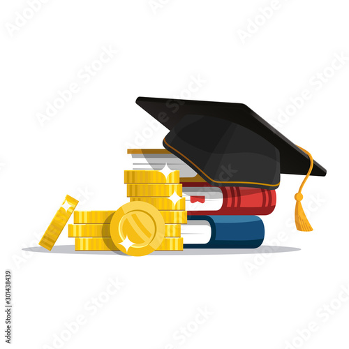 Scholarship concept. Education loan for pursuing. Graduation hat and stack of coins. Vector illustration in flat style.