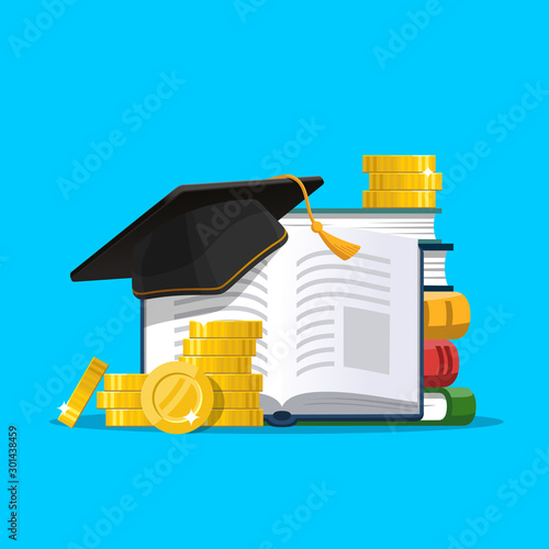 Scholarship concept. Education loan for pursuing. Graduation hat and stack of coins. Vector illustration in flat style.