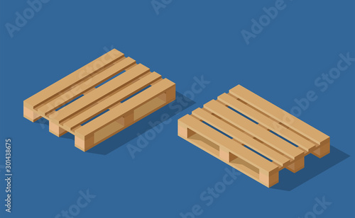 Wooden pallets with shadow on blue background. Vector illustration. Iisometric view