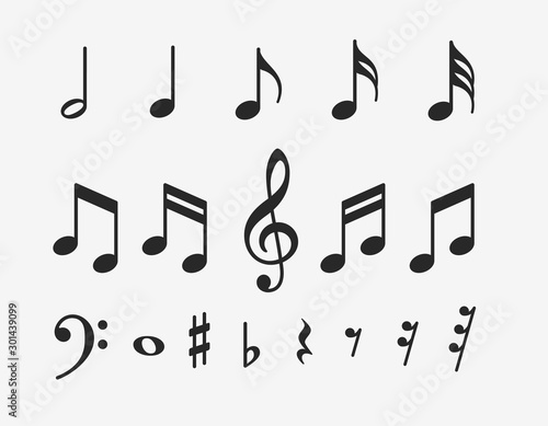 Music notes icons set. Musical key signs. Vector symbols on white background.