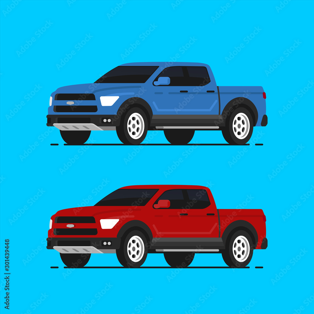 Two american pickup vector illustrayion in flat style. Red and blue truck isolated. Auto side view.