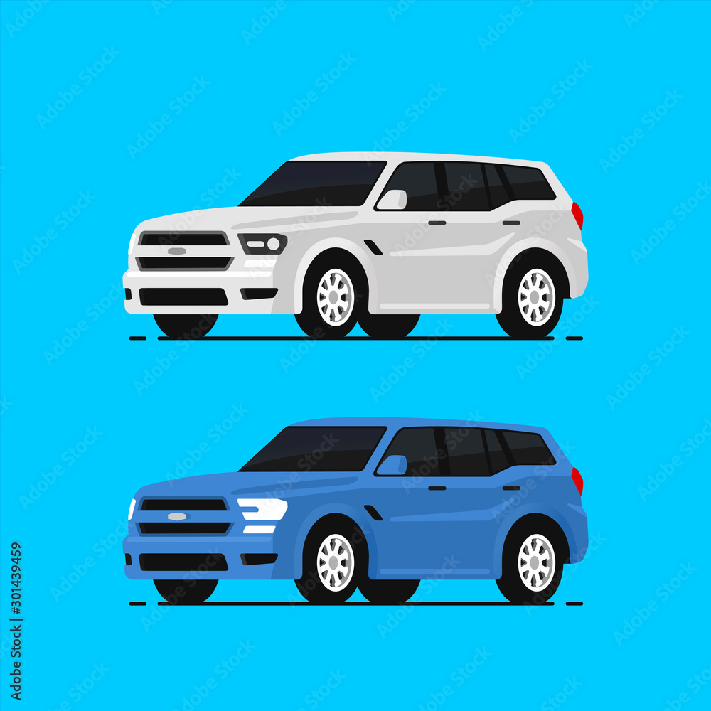 Car suv vector illustrayion in flat style. Auto side view. Blue and white automobile isolated.