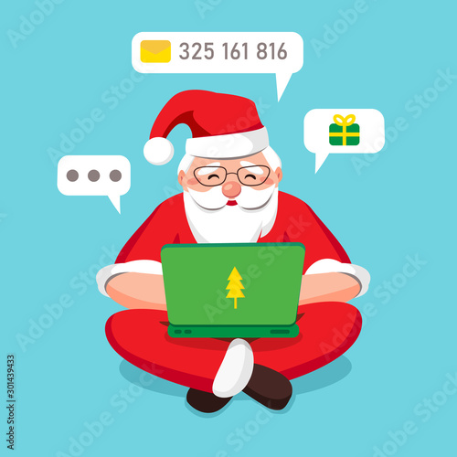 Blogger Santa Claus carefully answers incoming letters and gift wishes in a laptop and sits cross-leggedly relaxed on blue background isolated. Around minimal chat bubbles. Vector illustration