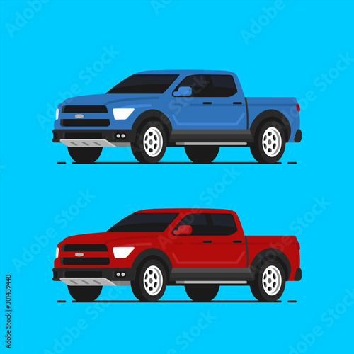 Two american pickup vector illustrayion in flat style. Red and blue truck isolated. Auto side view.