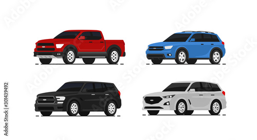 Car suv collection. Auto side view. Red, blue, black and white automobile. Vector illustrayion in flat style.