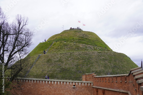 the high mound at the red stone fence. the burial mound, View of Kosciuszko Mound, located in Krakow, Poland.