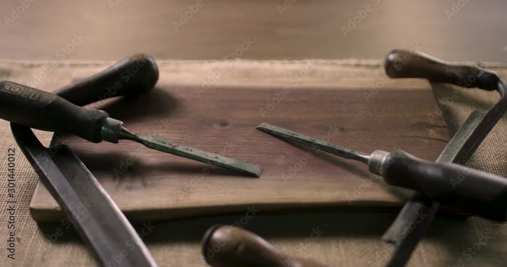 Some Draw Knives And Chisels Used For Woodwork In A Wood Working Studio In Ontario, Canada - Close Up Shot 4k 24p Some Draw Knives And Chisels Used For Woodwork In A Wood Working Studio In Ontario, Canada - Close Up Shot 4k 24p