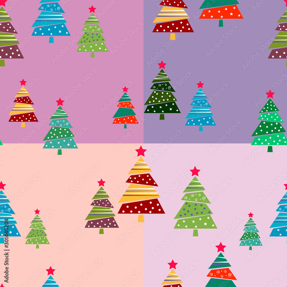 Merry Christmas and Happy New Year! Vector seamless pattern. Abstract Christmas tree on a colored background in a cage.